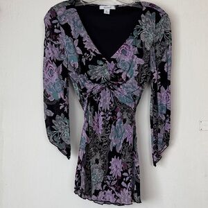 Dress Barn Black and Lavender Floral Top with Twisted V-Neckline. Size Medium